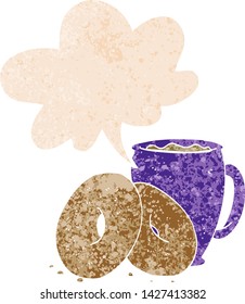 cartoon coffee and donuts with speech bubble in grunge distressed retro textured style