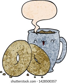 Cartoon-Kaffee und Donuts mit Sprachblase im Retro-Stil