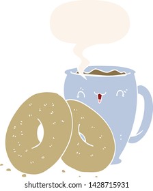 café de dibujos animados y donuts con burbuja de habla en estilo retro