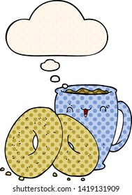 café de dibujos animados y donuts con burbuja de pensamientos al estilo de las historietas