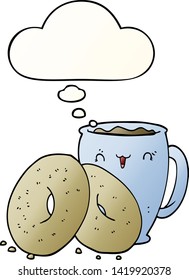 café de dibujos animados y donuts con burbuja de pensamiento en un estilo de gradiente suave