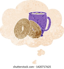 café de dibujos animados y donuts con burbuja de pensamiento en un estilo retro angustiado y con texturas estrafalarias