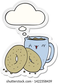 cartoon coffee and donuts with thought bubble as a printed sticker