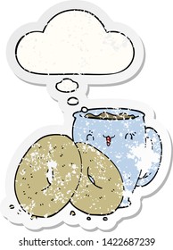 cartoon coffee and donuts with thought bubble as a distressed worn sticker