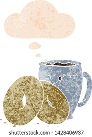 café de dibujos animados y donuts con burbuja de pensamiento en un estilo retro angustiado y con texturas estrafalarias