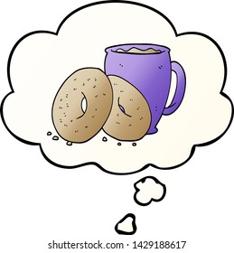 cartoon coffee and donuts with thought bubble in smooth gradient style