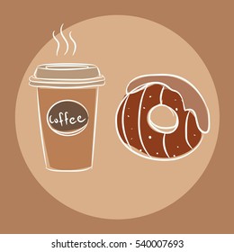 Cartoon coffee and donuts. Vector food illustration. Abstract design concept for cafe, restaurant, breakfast menu, desserts, bakery