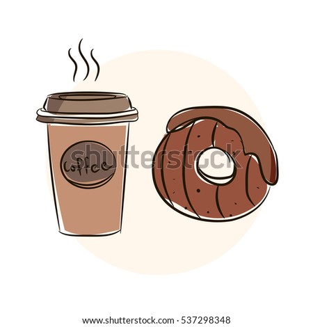 Cartoon coffee and donuts. Vector food illustration. Abstract design concept for cafe, restaurant, breakfast menu, desserts, bakery