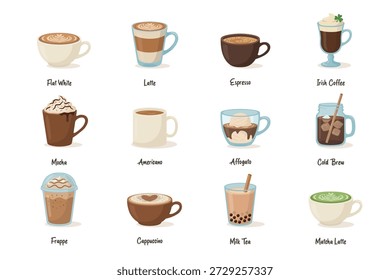 Cartoon Coffee Drinks, Vector Illustration. Flat White, Latte, Espresso, Irish Coffee, Mocha, Americano, Affogato, Cold Brew, Frappe, Cappuccino, Milk Tea and Matcha Latte, Cafe Icons. Coffee Mugs