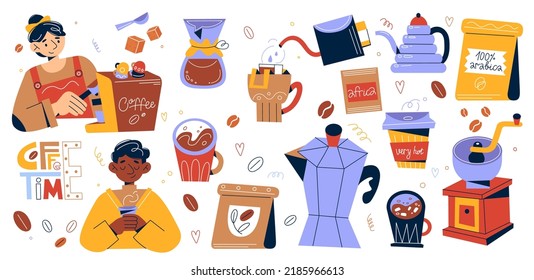 Cartoon coffee elements. Different hot drink utensils, barista and visitor cartoon characters. Cups with espresso and cappuccino, makers and grinders, swanky vector cartoon flat set