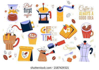 Cartoon coffee elements and text. Food and drinks sticker, sweet desserts and hot beverages, romantic breakfast objects. Cups with espresso and cappuccino. Phrases lettering swanky vector set