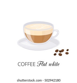 Cartoon coffee flat white with foam in glass cup isolated on white background.