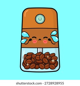 Personaje de molinillo de café de dibujos animados llorando con lágrimas, llenas de granos de café tostados enteros, con un Botón de energía y mejillas ruborizadas sobre un fondo azul claro