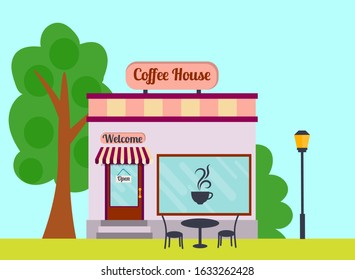 Cartoon coffee house facade of the building. Street view of cafe in flat style.  Front shop. Vector illustration. 