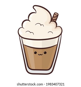 Cartoon coffee, latte, cappuccino or cocoa with whipped foam in a glass. Kawaii sweets. Coloring book. Vector illustration.