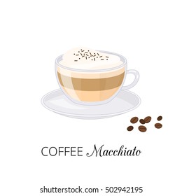 Cartoon coffee latte macchiato with foam in glass cup isolated on white background.