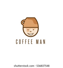 cartoon coffee man with cup on head vector design template