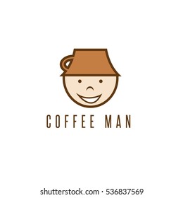 cartoon coffee man with cup on head vector design template