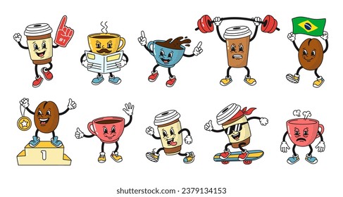 Máscaras de café de dibujos animados. Graciosa taza de café expresso caliente y frijol de café al estilo de animación de la manguera de goma de los años 30. Gráfico vectorial aislado conjunto de taza de dibujos animados espresso, mascota de bebida capuchino