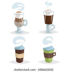 Cartoon coffee mugs or cup set. Collection of trendy design colorful coffee icons. Irish cream, cappuccino and take away cups. Vector illustrations.