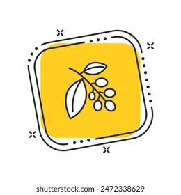Cartoon coffee plant icon vector illustration. Leaf and fruit  on isolated yellow square background. Coffee tree sign concept.