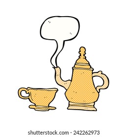 cartoon coffee pot and cup with speech bubble