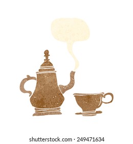 cartoon coffee pot and cup with speech bubble