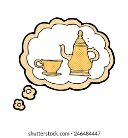 cafetera de dibujos animados y taza con burbuja de pensamiento