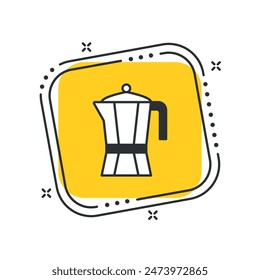 Cartoon coffee pot icon vector illustration. Coffeepot on isolated yellow square background. Kettle sign concept.