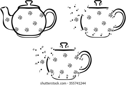 Cartoon coffee pot. Vector illustration. Coloring and dot to dot educational game for kids