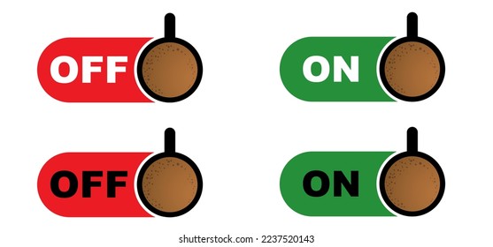 Cartoon coffee power turn on or power off. Coffee or tea break. Measuring scale with cup of coffee. Coffee time. Vector icon or logo. Full energy charge. Energetic drink. Toggle switch