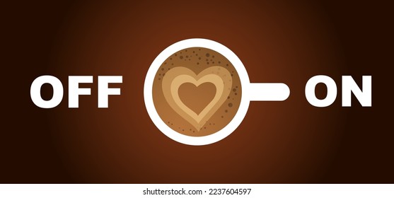 Cartoon coffee power turn on or power off. Coffee or tea break time. Measuring scale with cup of coffee. Vector icon or logo. Full energy charge. Energetic drink. Toggle switch. Coffee percolator