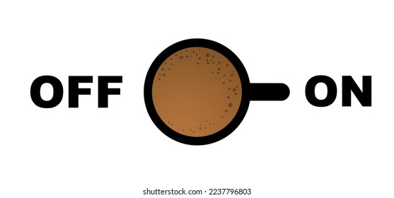 Cartoon coffee power turn on or power off. Coffee or tea break. Measuring scale with cup of coffee. Coffee time. Vector icon or logo. Full energy charge, battery. Energetic drink. Toggle switch