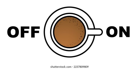 Cartoon coffee power turn on or power off. Coffee or tea break. Measuring scale with cup of coffee. Coffee time. Vector icon or logo. Full energy charge. Energetic drink. Toggle switch