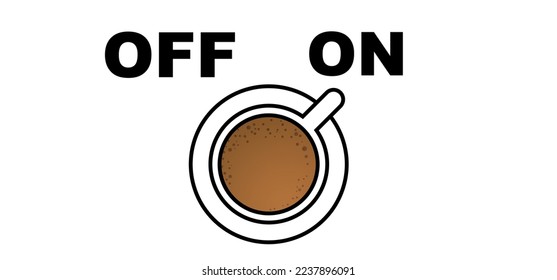 Cartoon coffee power turn on or power off. Coffee or tea break. Measuring scale with cup of coffee. Coffee time. Vector icon or logo. Full energy charge, battery. Energetic drink. Toggle switch