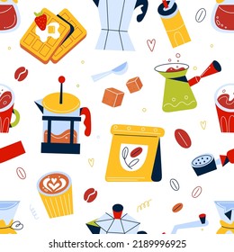 Patrón sin costuras del café de dibujos animados. Bebidas calientes, postres y dulces, tazas, tazas y ollas, utensilios de cocina. Decoración textil, papel de envoltura, papel pintado. Fondo vectorial swanky
