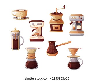 Cartoon coffee set. Different ways of making coffee.