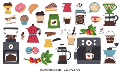 Cartoon coffee set. Coffee making devices, coffee grinder, machine and others. Sweets, cups, berries with leaves, coffee accessories. Isolated on white background.