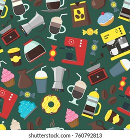 Cartoon Coffee Shop Background Pattern Cafe and Restaurant Elements Flat Style Design. Vector illustration