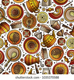 Cartoon coffee, coffee shop, cafe, tea, sweets seamless pattern. Lots of symbols, objects and elements. Perfect funny vector background.