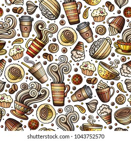Cartoon coffee, coffee shop, cafe, tea, sweets seamless pattern. Lots of symbols, objects and elements. Perfect funny vector background.