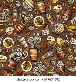 Cartoon coffee shop, cafe, tea, sweets seamless pattern. Lots of symbols, objects and elements. Perfect funny vector background.