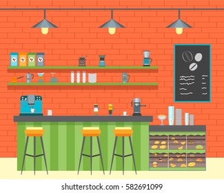 Cartoon Coffee Shop Design Interior for Cafe or Bar Flat Design Style. Vector illustration