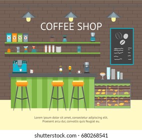 Cartoon Coffee Shop Design Interior for Cafe or Bar Flat Design Style. Vector illustration
