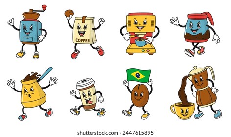 Cartoon coffee shop mascots, cup and coffee machine. Cartoon character cafeteria, element of geyser cooking, coffee beverage mascot illustration