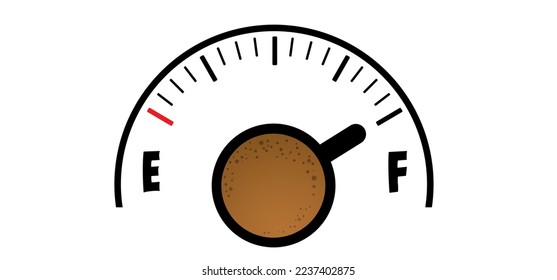 Medidor de velocidad del café de dibujos animados, encendido. Descanso de café o té. Escala de medida con taza de café. Coffee time Vector icono o logotipo.Carga de la batería, indicador de energía completa. Bebida energética