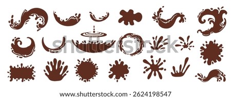 Cartoon coffee splash silhouettes. Liquid coffee or tea drops, flows and waves, brown liquid hot drink splashes flat vector illustration set. Coffee splash silhouettes on white background