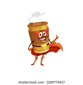 Cartoon Coffee Superhero Character. Takeaway Hot Drink Happy Smiling Hero Character. Comical Coffee Paper Cup With Lid Defender Or Superhero Vector Personage Wearing Cape, Mask And Showing Thumbs Up