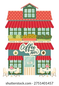 Cartoon coffee tea shop facade in city street. Storefront windows with flower boxes, outdoor tables, chairs and pink blossom vases. Outdoor front view of cafe retail building. Vector illustration.