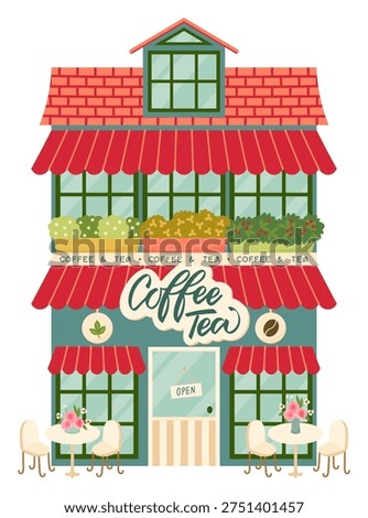 Cartoon coffee tea shop facade in city street. Storefront windows with flower boxes, outdoor tables, chairs and pink blossom vases. Outdoor front view of cafe retail building. Vector illustration.